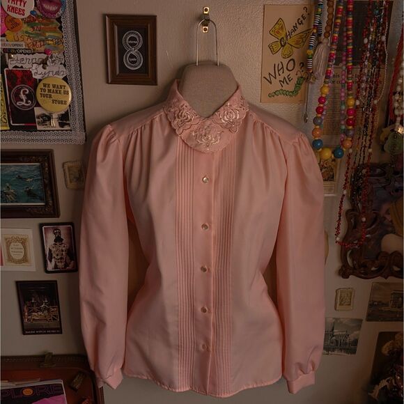 Vintage Collared Button Up Shirt Blouse Women's Medium Pastel Pink Puff Sleeve - Picture 1 of 7